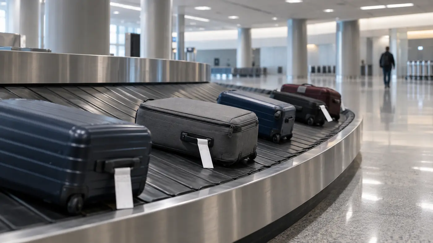 Several suitcases circling on a baggage carousel in a nearly empty arrivals hall