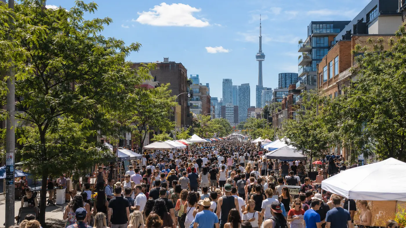 Large crowd filling a closed downtown street during a summer festival on a sunny day