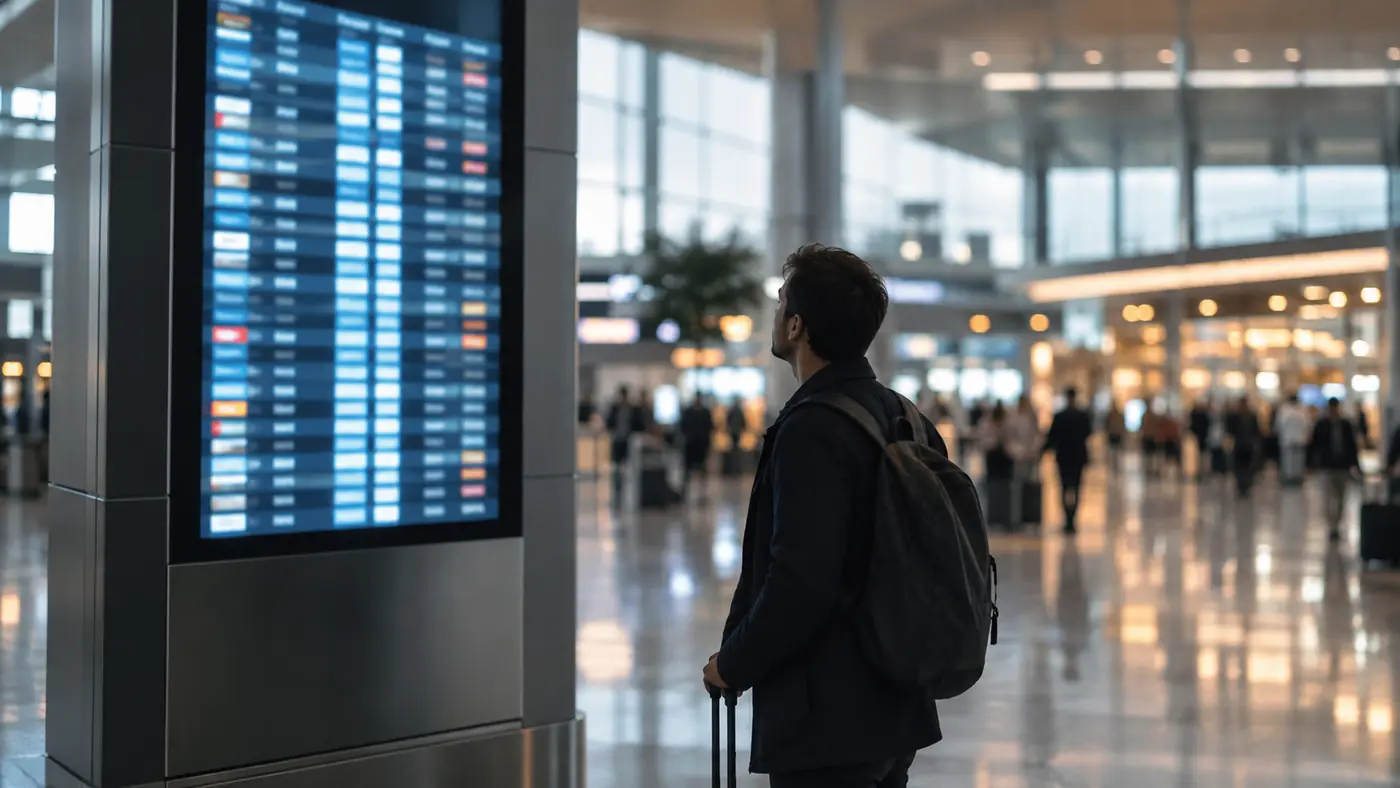 Backlit departures information screen on a terminal column with a traveller standing nearby