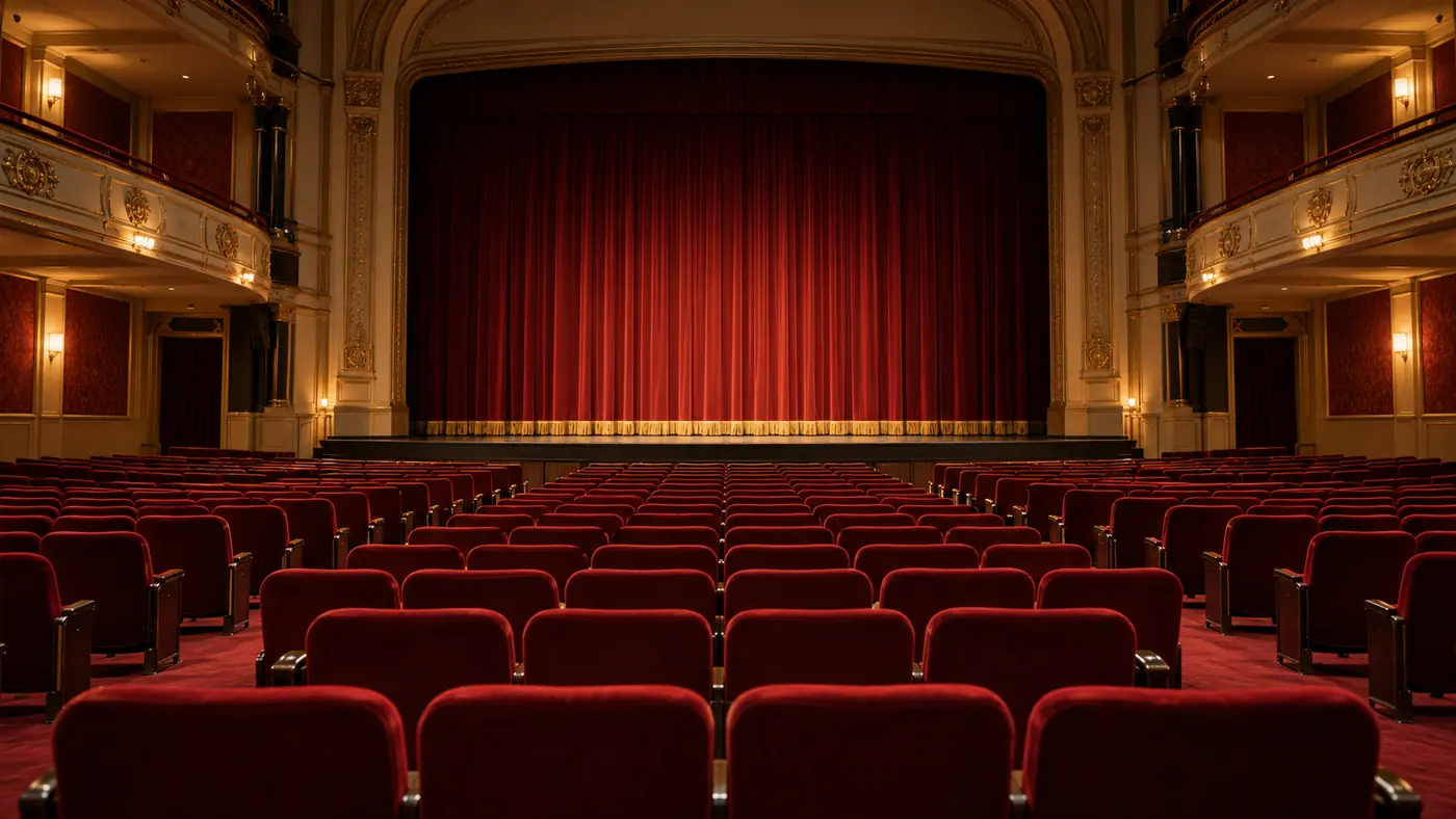 Rows of empty red auditorium seats facing a lit stage before a performance