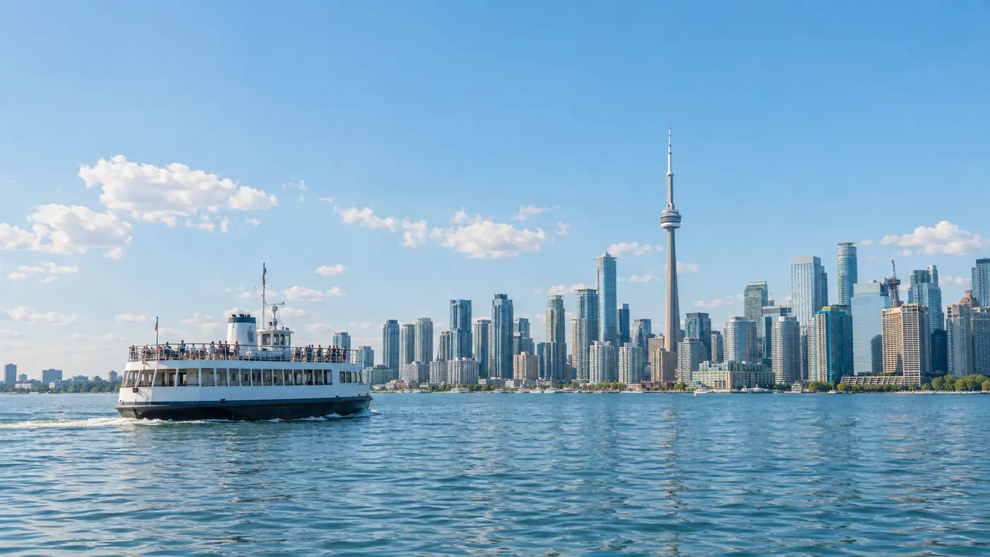 Passenger ferry crossing a calm harbour on a summer day with a city skyline in the background