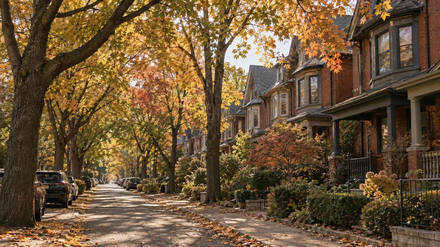 Tree-lined residential street with red-brick Victorian houses and autumn leaves in a Toronto neighbourhood