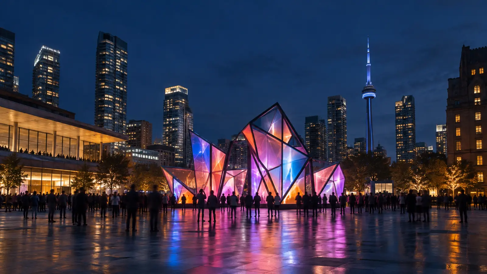 Crowds gathered around a large illuminated contemporary art installation in a city square at night, the kind of event found on a Toronto events calendar