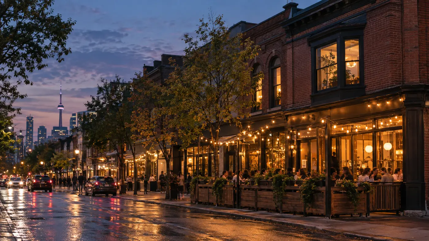 Evening street of low-rise buildings with lit restaurant windows and a small patio under string lights