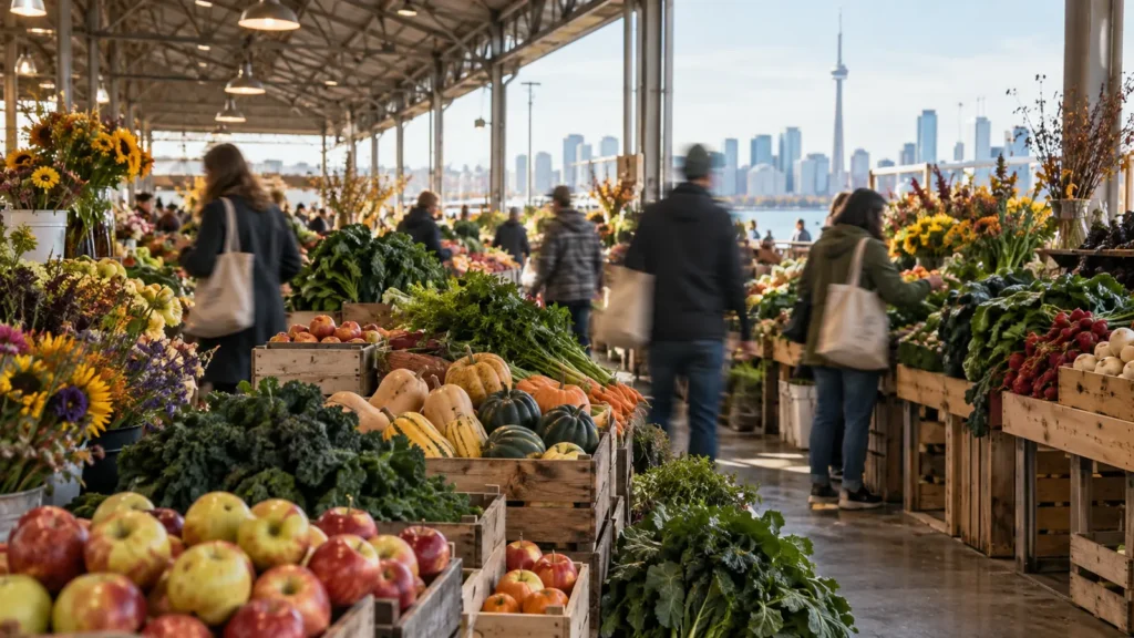 Shoppers browsing crates of seasonal produce at an early Saturday farmers' market, the first stop on a 2 day Toronto itinerary