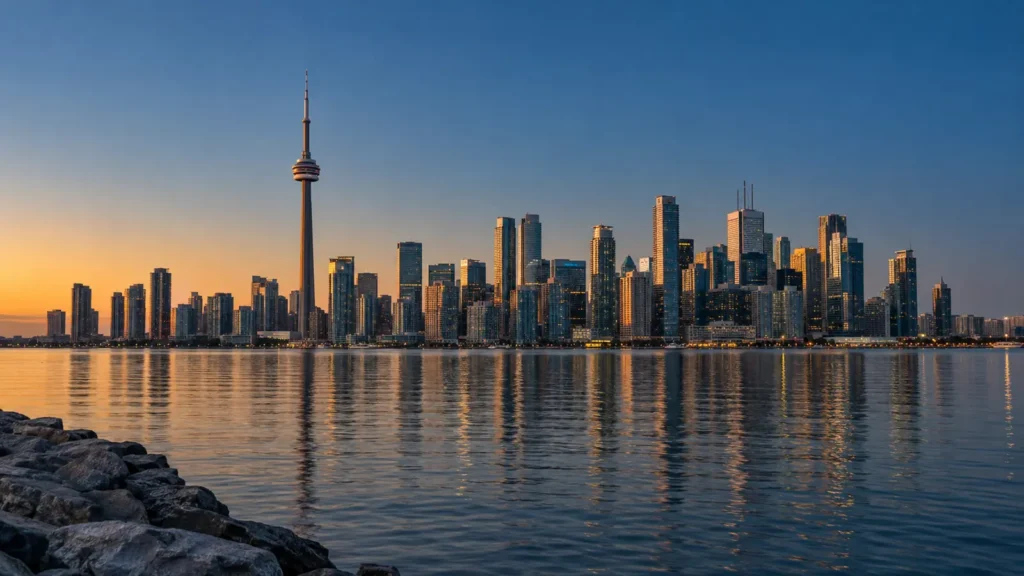 Toronto skyline and waterfront across the harbour at dusk, the view many first-time visitors start with in any Toronto travel guide
