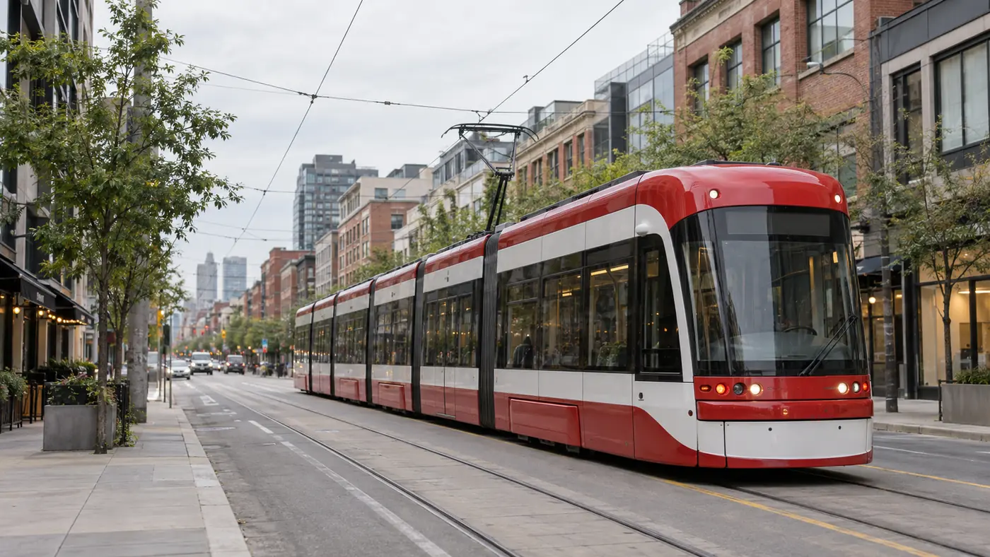 Modern low-floor streetcar travelling along a downtown street lined with shops and mid-rise buildings