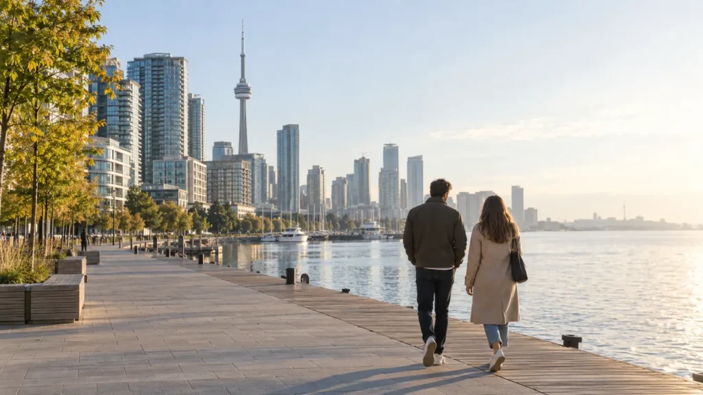 Couple walking along a waterfront promenade beside the harbour with Toronto towers behind, the starting point of a Toronto 3 day itinerary