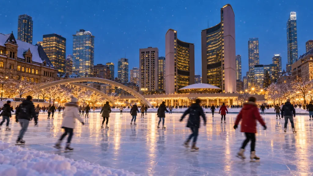 Skaters on an outdoor rink in a snowy civic square with lit city towers behind, a typical scene of Toronto in winter