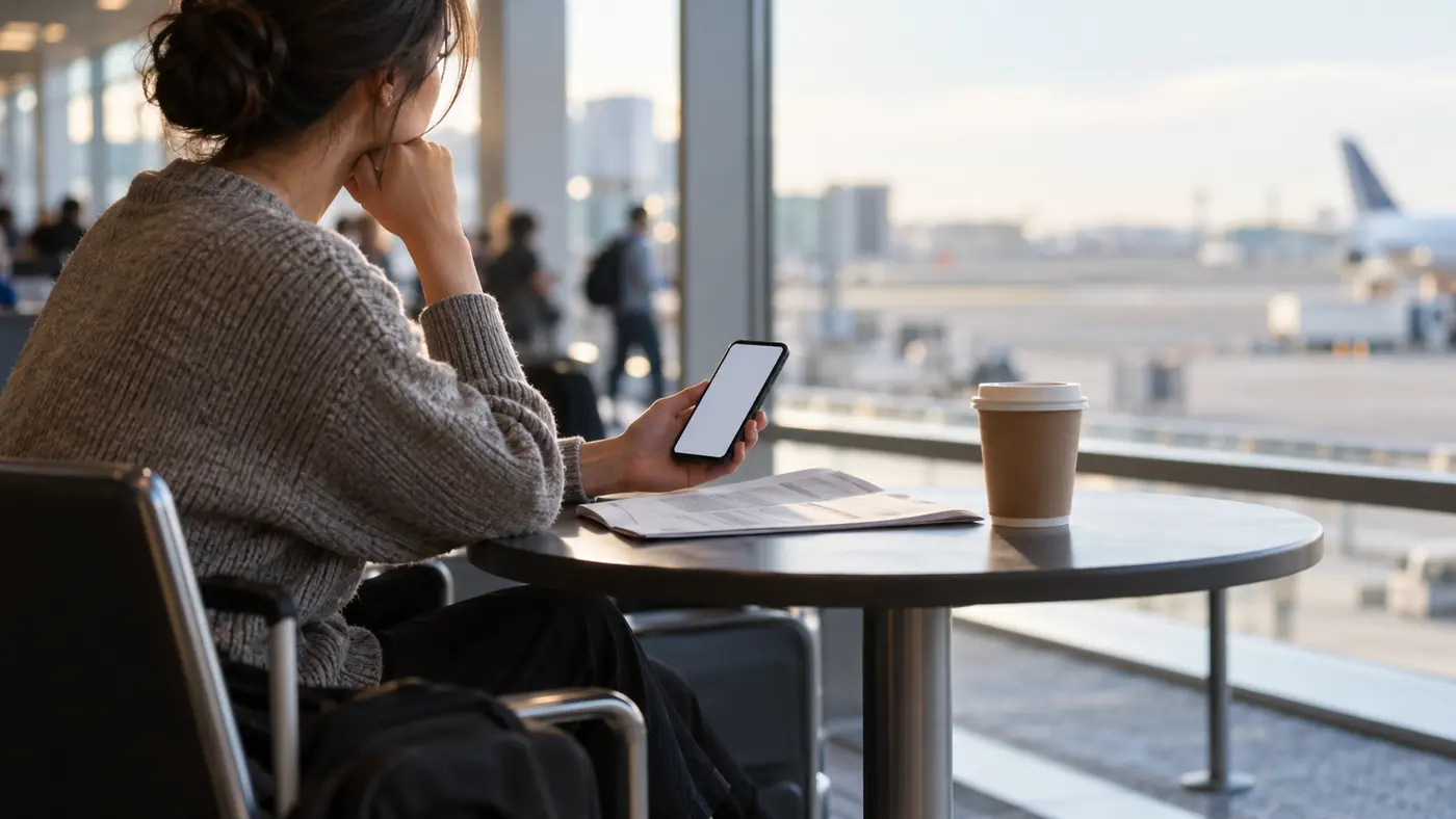Person seated at a small terminal table with a phone and a folded paper itinerary, thinking