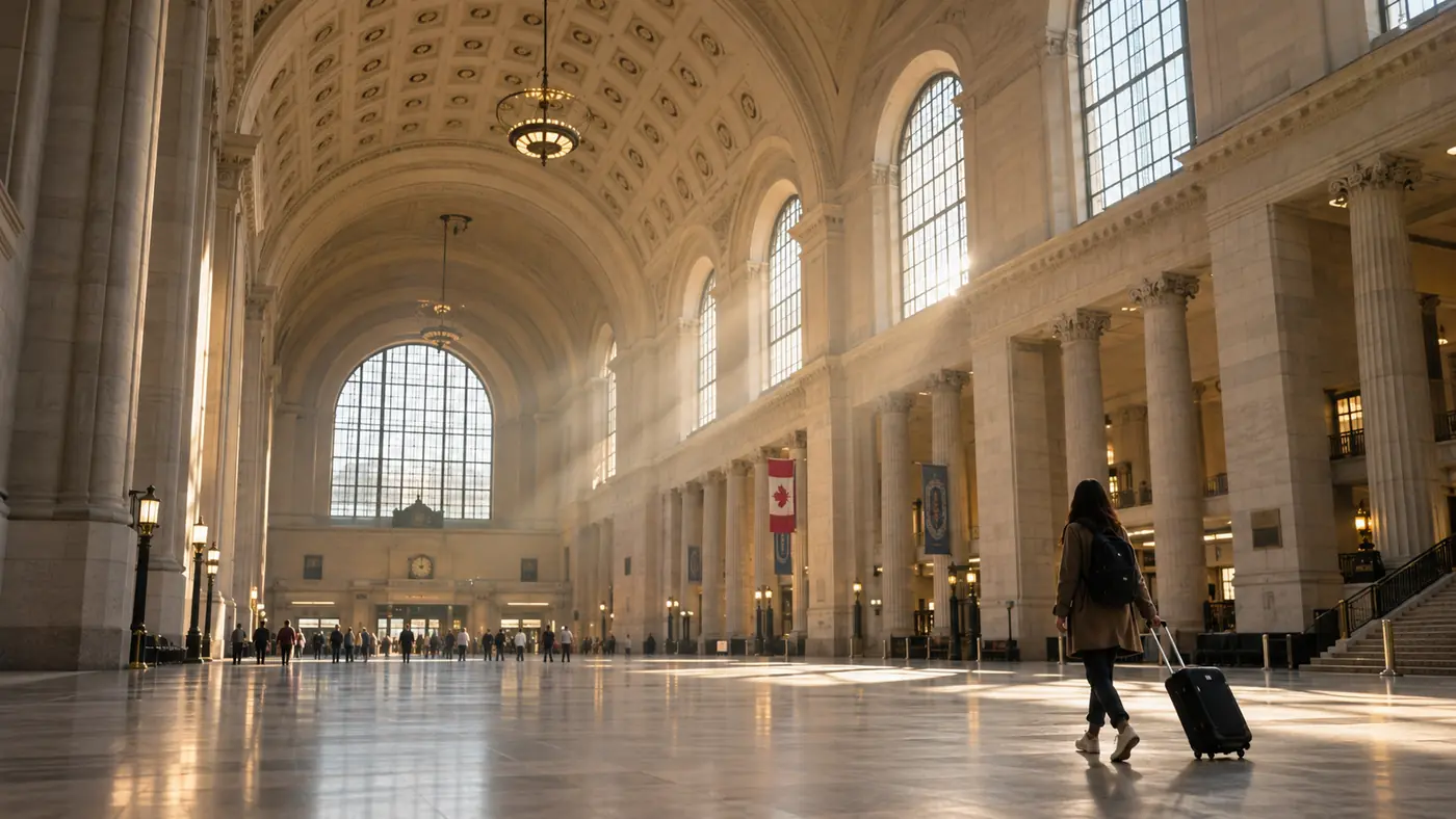 Traveller pulling a suitcase through a large vaulted stone railway station concourse with tall arched windows