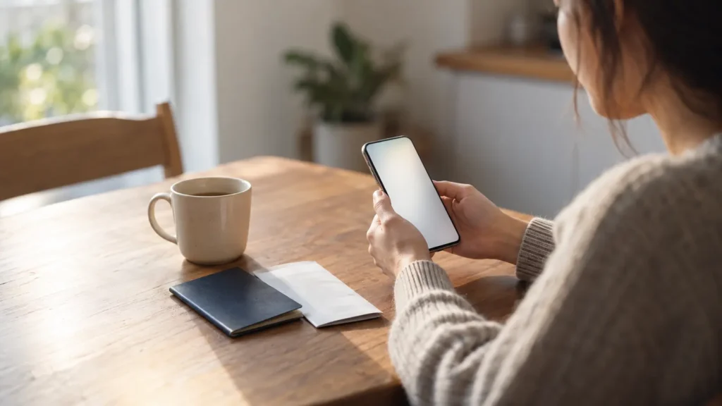 Person seated at a table with a passport and boarding pass, completing an ArriveCAN Advance Declaration on a smartphone
