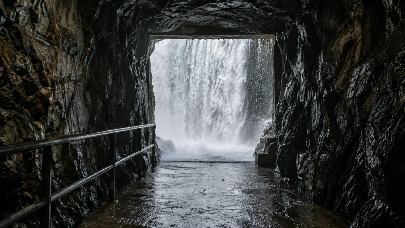 Rock-cut tunnel portal looking out at a wall of falling water behind a waterfall