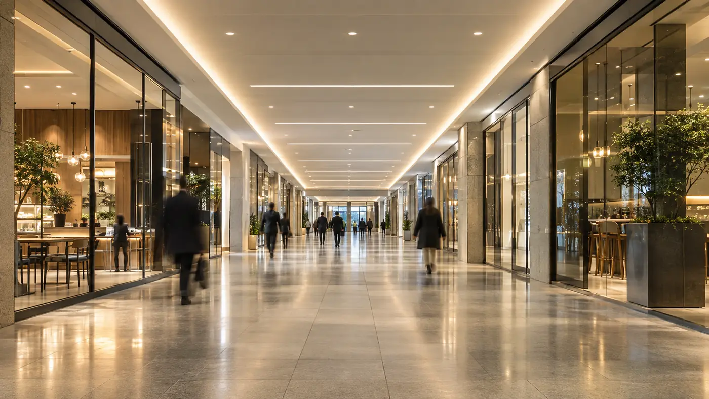 Wide underground pedestrian concourse lined with shopfronts and lit by recessed ceiling lights
