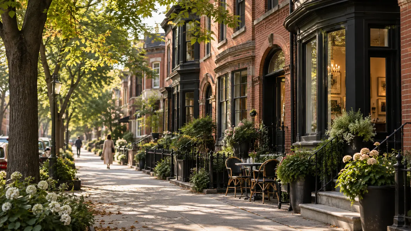 Quiet tree-lined street of restored Victorian rowhouses converted into boutiques and galleries