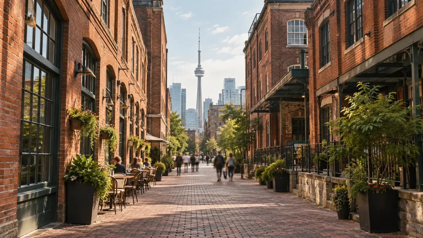 Brick-paved pedestrian lane between restored red-brick Victorian industrial buildings with café seating