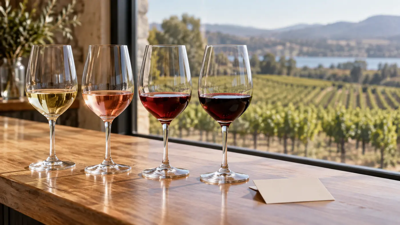 Row of wine glasses holding a tasting flight on a wooden counter with vineyard visible through a window