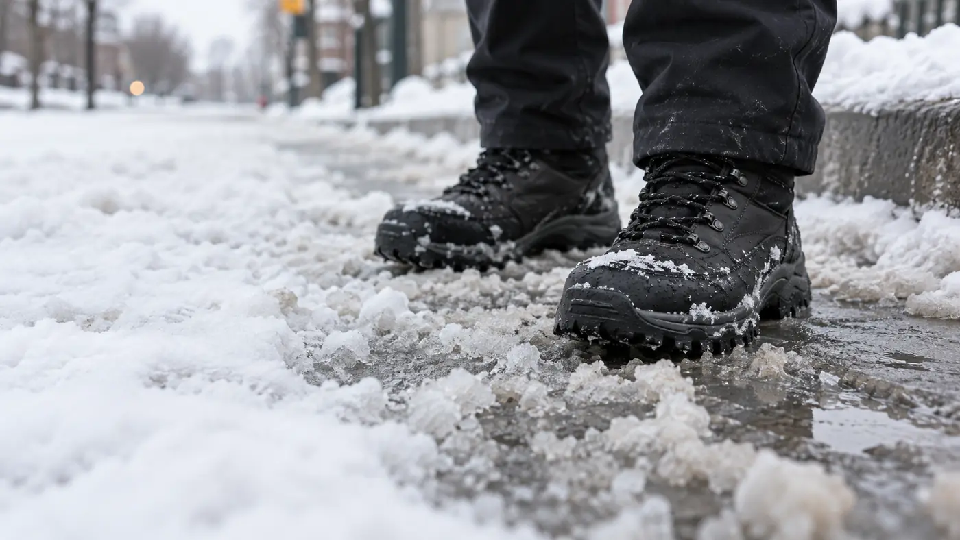 Pair of insulated waterproof winter boots with deep treads standing on a snowy city pavement