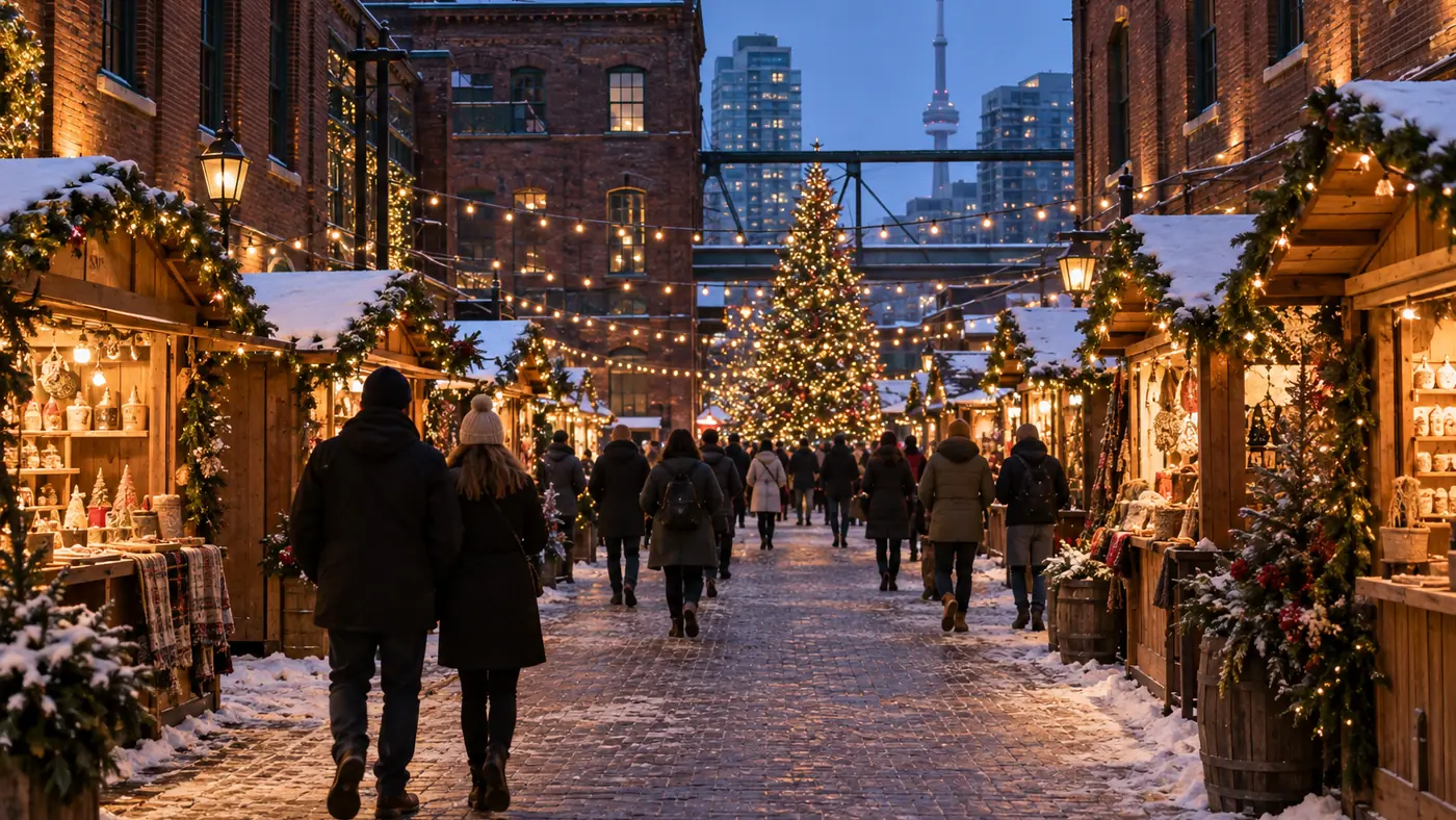 Christmas market stalls and strings of lights along a brick-paved lane between Victorian industrial buildings at dusk