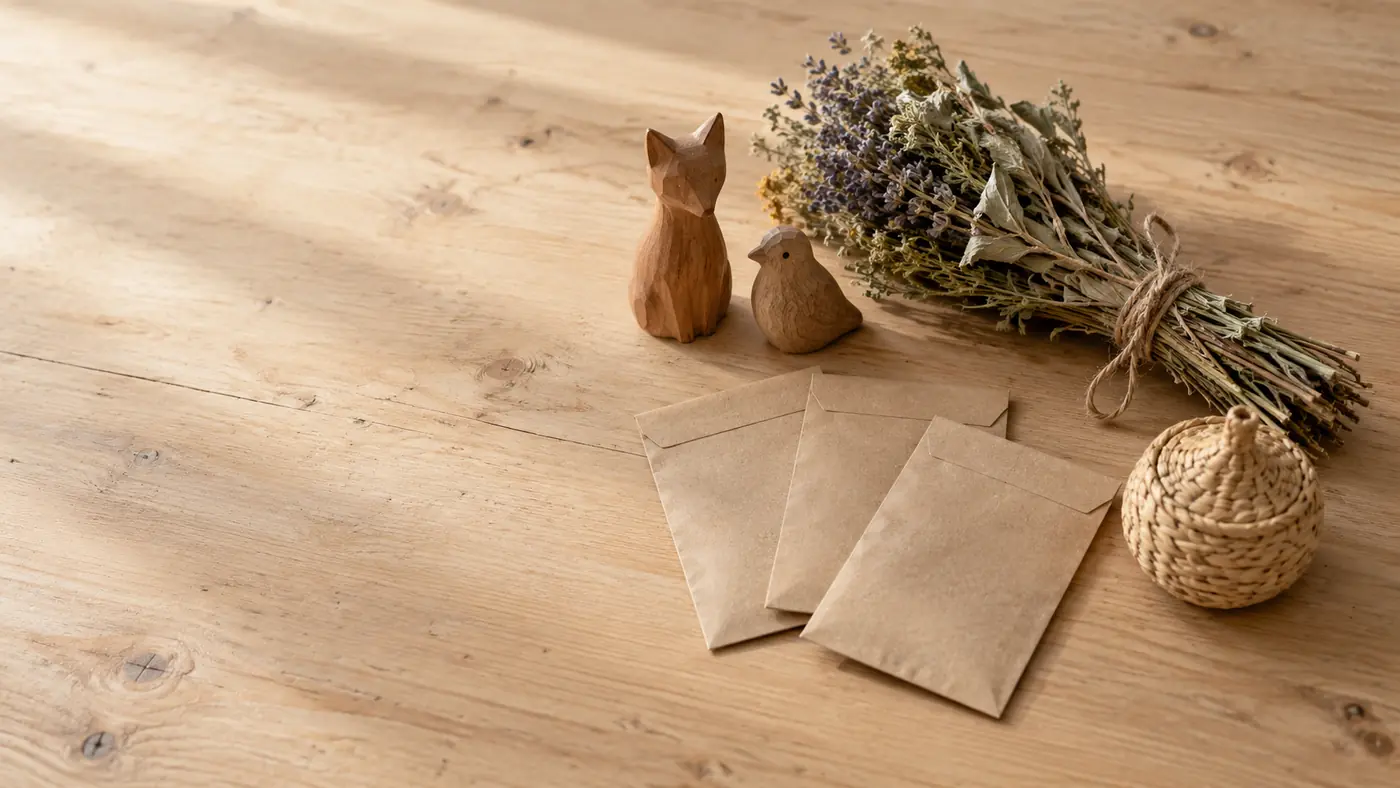 Small carved wooden objects, a bundle of dried herbs and paper seed packets on a plain table